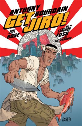 Comic book cover image: sushi chef with fish and knife, in front of rising sun graphic